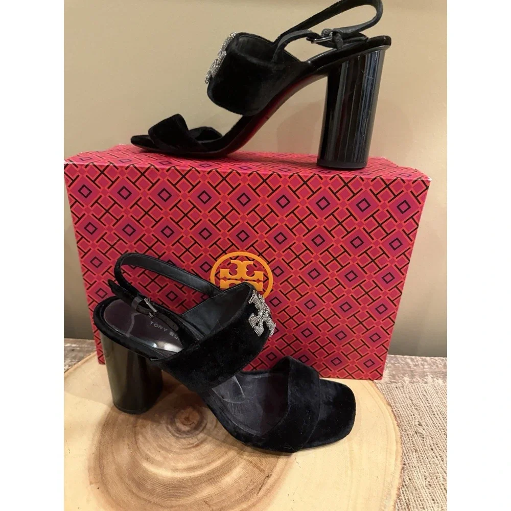 Tory Burch Eleanor Pave Heel Sandal in Black Velvet‎ Leather Rt-428$ Sz-9.5